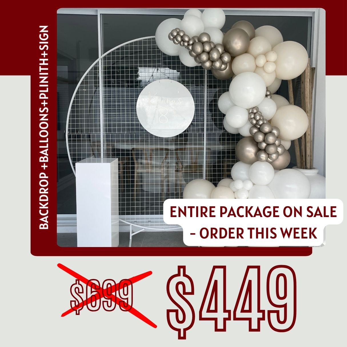 Package 4 - 2m Mesh hoop, 2.5m Garland, Sign and Plinith
