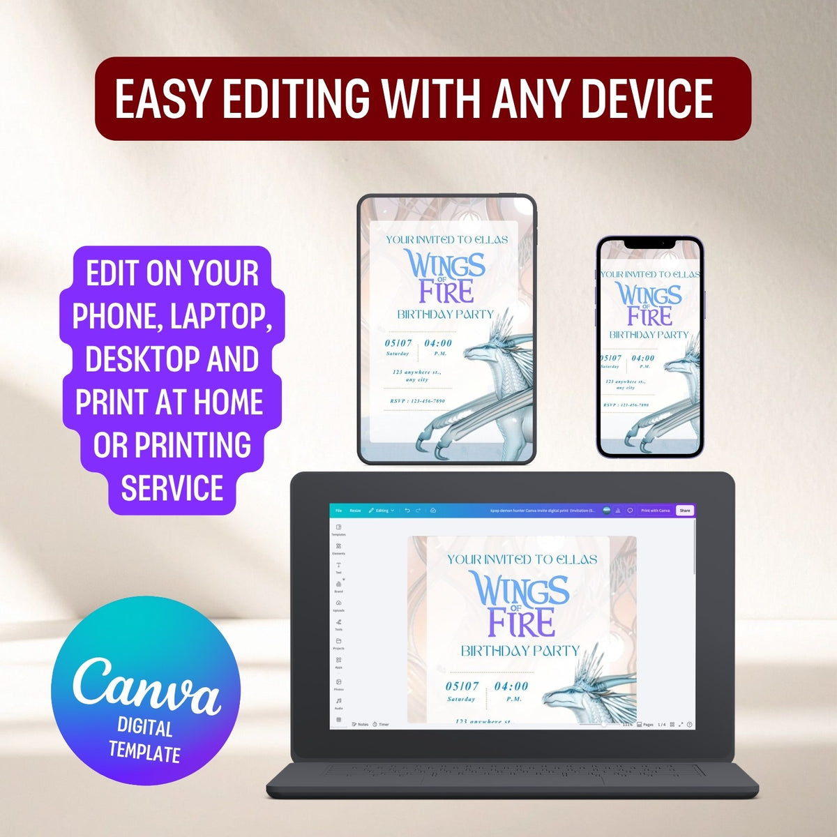 Editable Wings of fire Birthday Invitation, Icewing Dragon Kids Party Template Canva (Digital Download) (Copy) (Copy) (Copy) (Copy) (Copy)