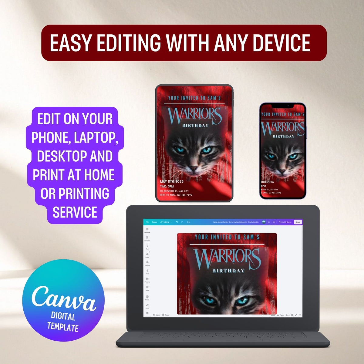 Editable Red Warriors Cat Book Birthday Invitation, Cat Kids Party Template Canva (Digital Download) (Copy) (Copy) (Copy)