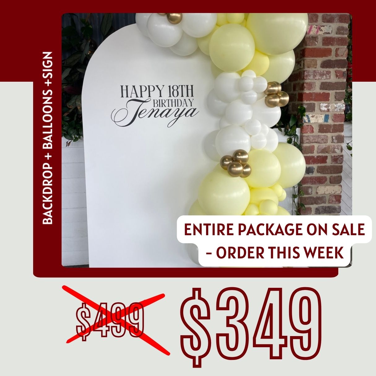Package 2 - 1.9m Backdrop, 2m Balloons and Custom Writing