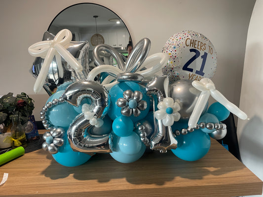 AQUA/White/Silver Small Number Balloon Bouquet