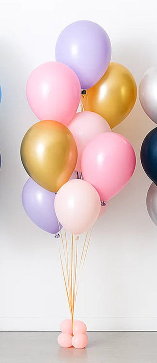 Five bunches of colorful balloons on a white background