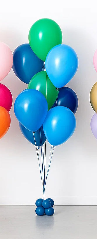 Five bunches of colorful balloons on a white background