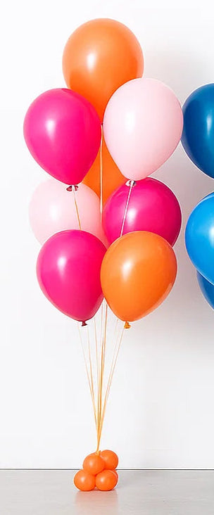 Five bunches of colorful balloons on a white background