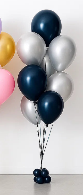Five bunches of colorful balloons on a white background