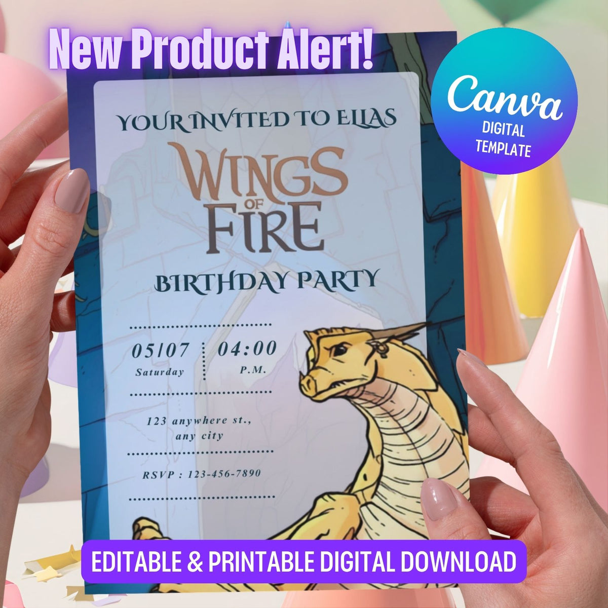 Editable Wings of fire Birthday Invitation, Teal and Yellow Dragon Kids Party Template Canva (Digital Download) (Copy) (Copy) (Copy) (Copy)