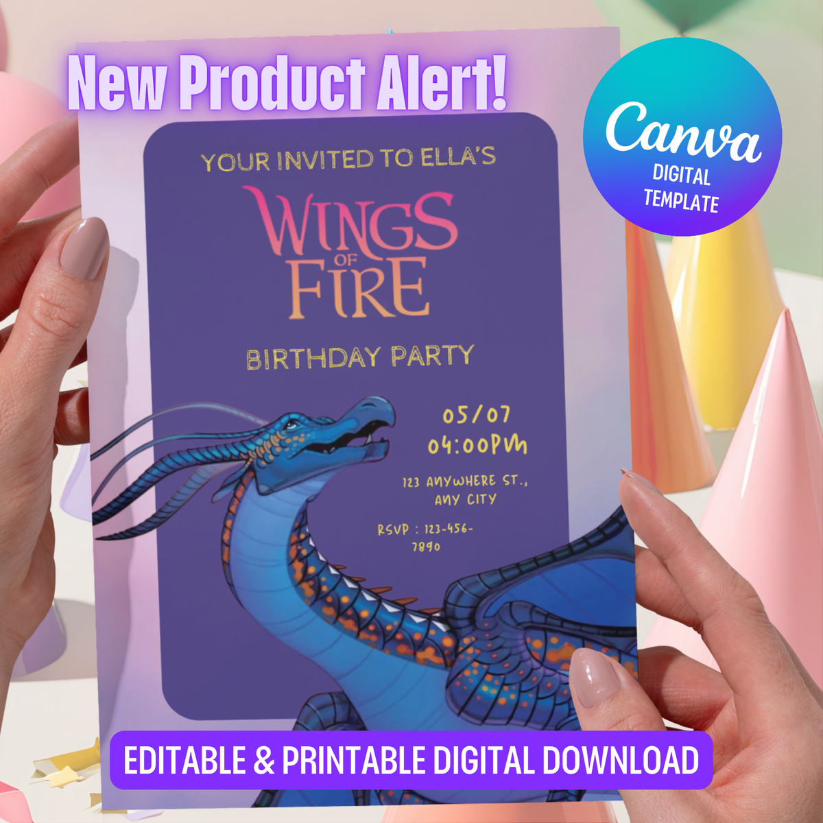 Editable Wings of fire Birthday Invitation, Blue and Pink Dragon Kids Party Template Canva (Digital Download) (Copy) (Copy)