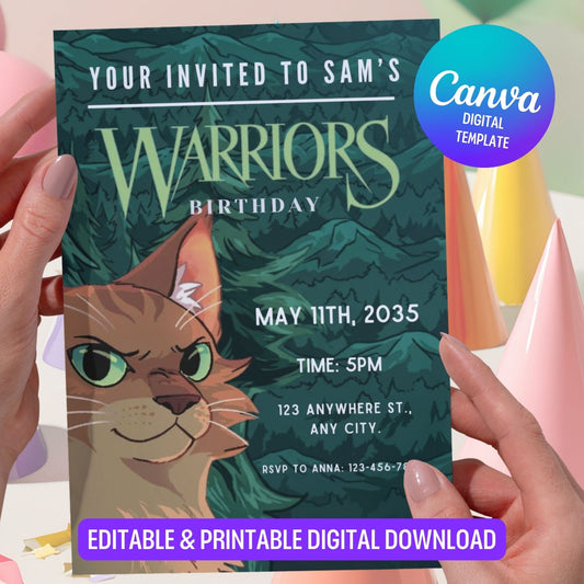 Editable Teal Warriors Cat Book Birthday Invitation, Cat Kids Party Template Canva (Digital Download) (Copy)