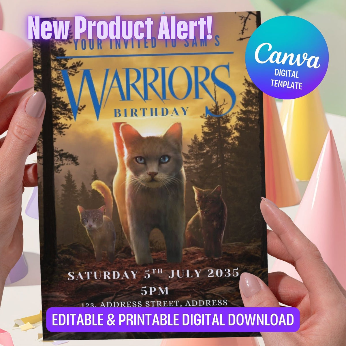 Editable Blue Warriors Cat Book Birthday Invitation, Cat Kids Party Template Canva (Digital Download)