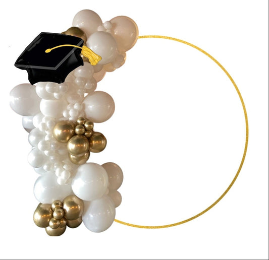 Graduation-themed balloon packages with pricing and descriptions on a white background.