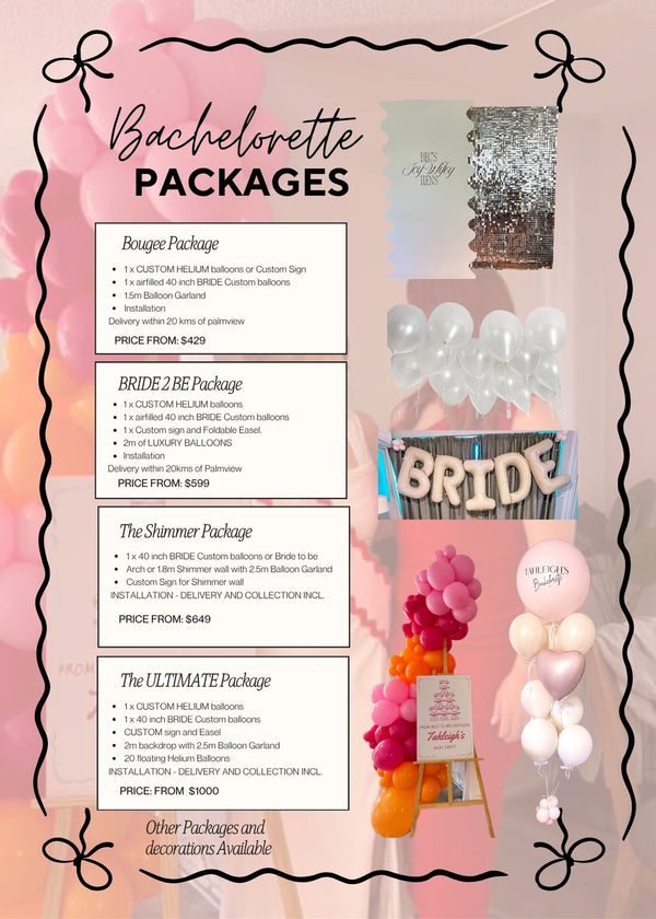 Bachelorette party package flyer with product images and text on a pink background