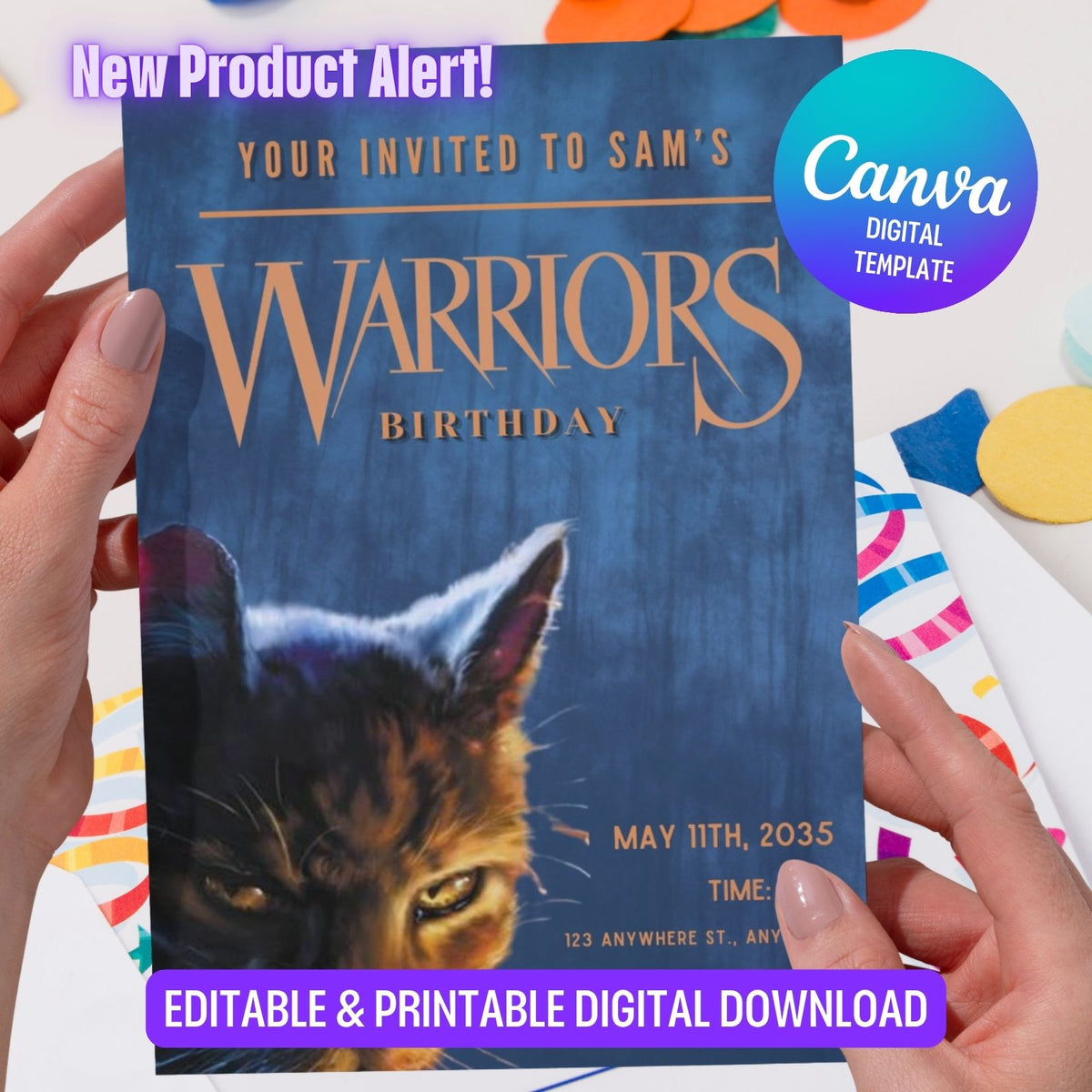 Editable Warriors Cat Book Birthday Invitation, Cat Kids Party Template Canva (Digital Download)