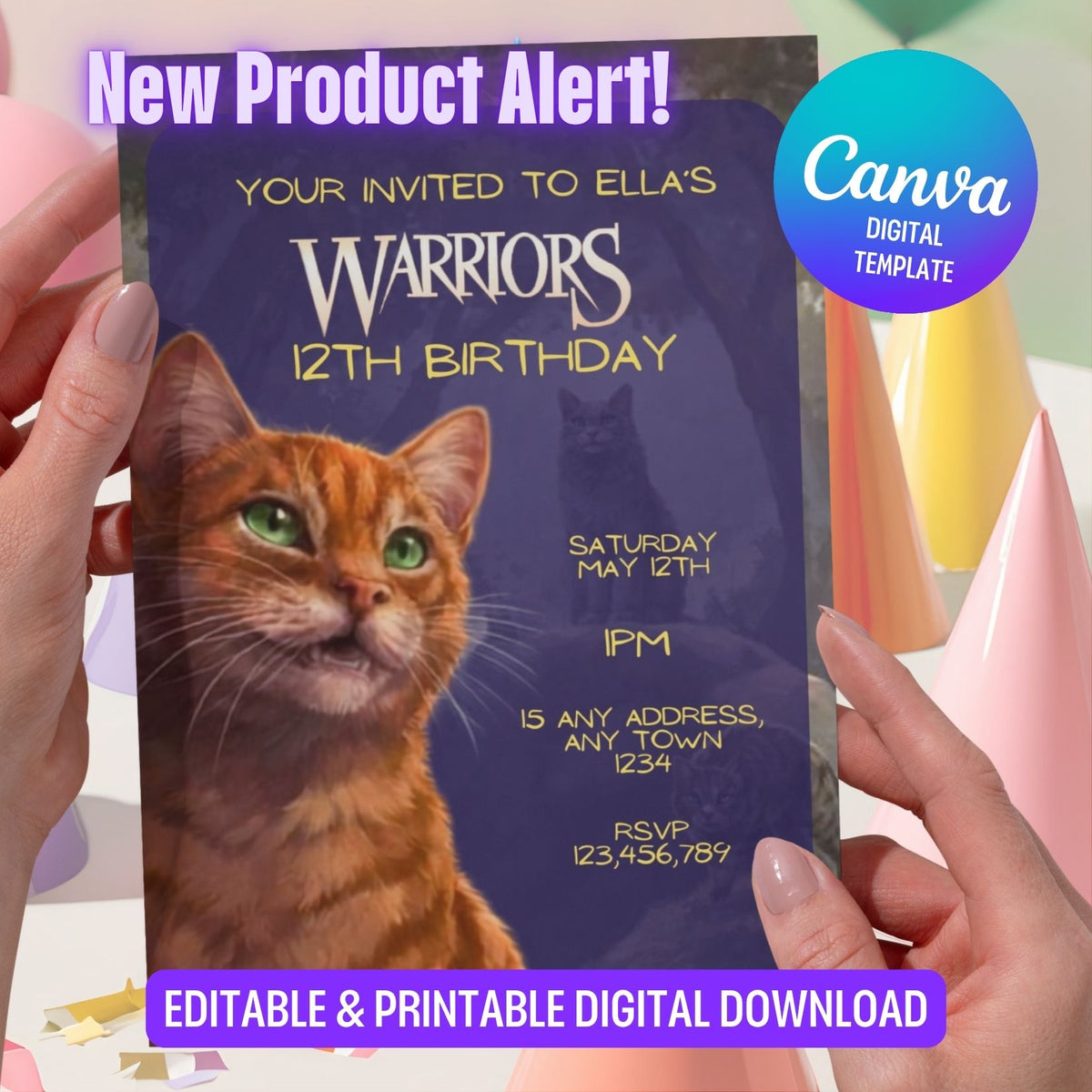 Editable Purple Warriors Cat Book Birthday Invitation, Cat Kids Party Template Canva (Digital Download) (Copy) (Copy)