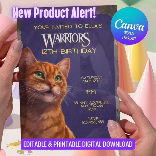 Editable Purple Warriors Cat Book Birthday Invitation, Cat Kids Party Template Canva (Digital Download) (Copy) (Copy)