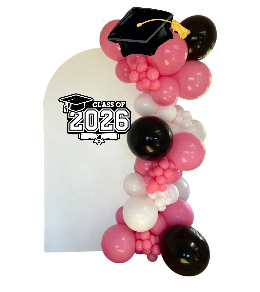 Graduation-themed balloon packages with pricing and descriptions on a white background.