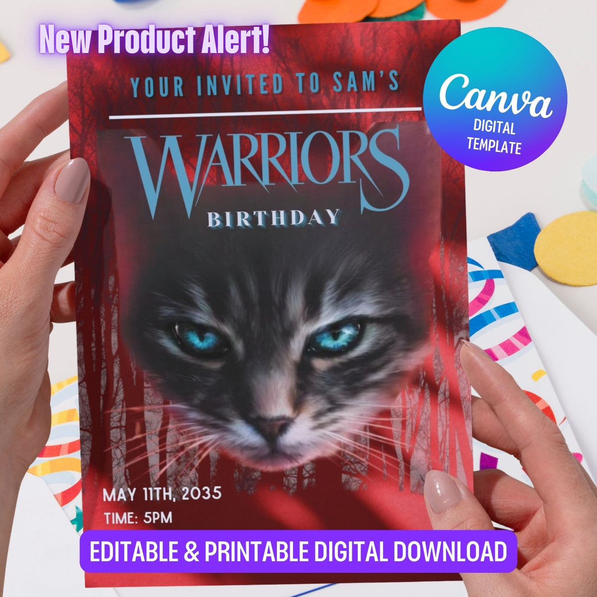 Editable Red Warriors Cat Book Birthday Invitation, Cat Kids Party Template Canva (Digital Download) (Copy) (Copy) (Copy)