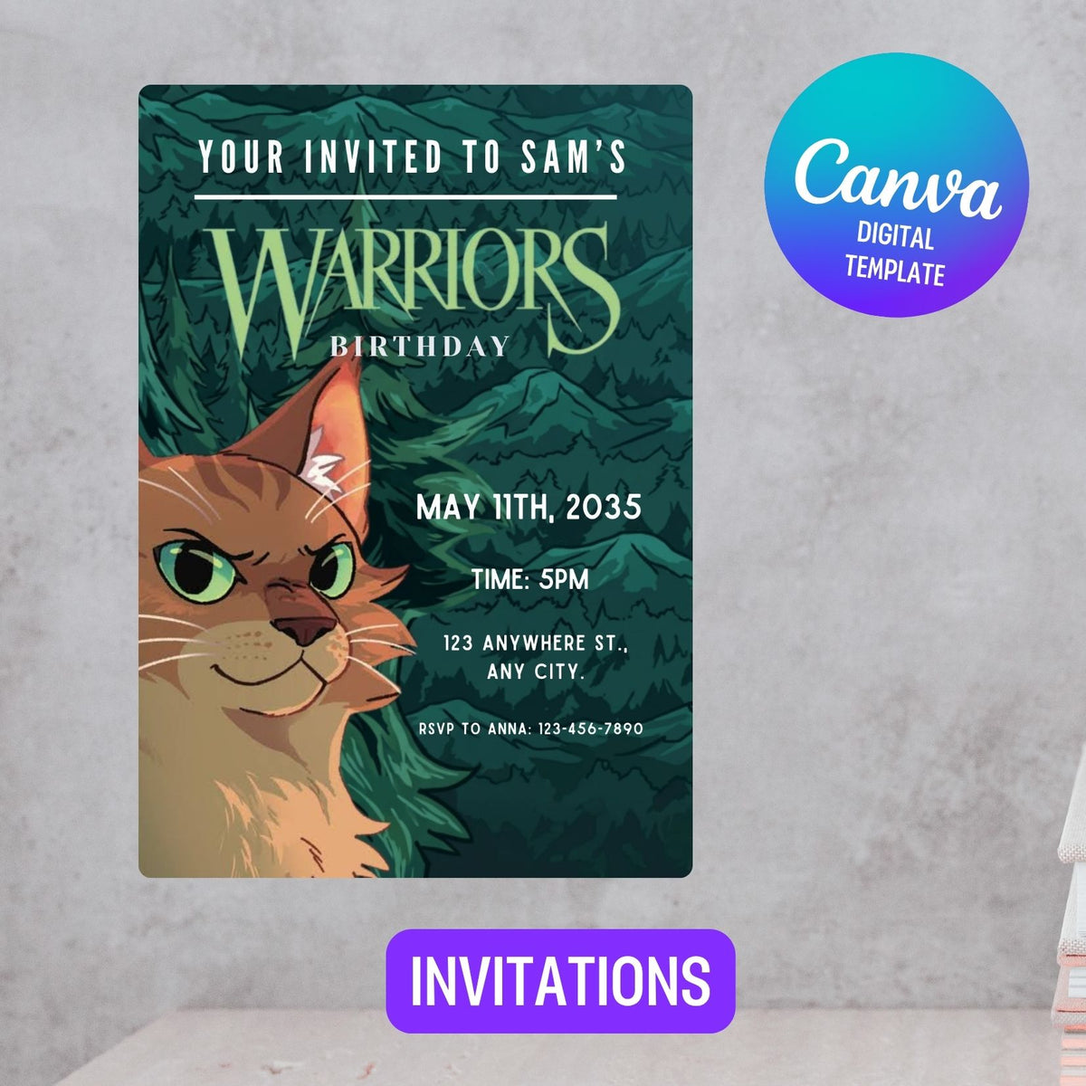 Editable Teal Warriors Cat Book Birthday Invitation, Cat Kids Party Template Canva (Digital Download) (Copy)