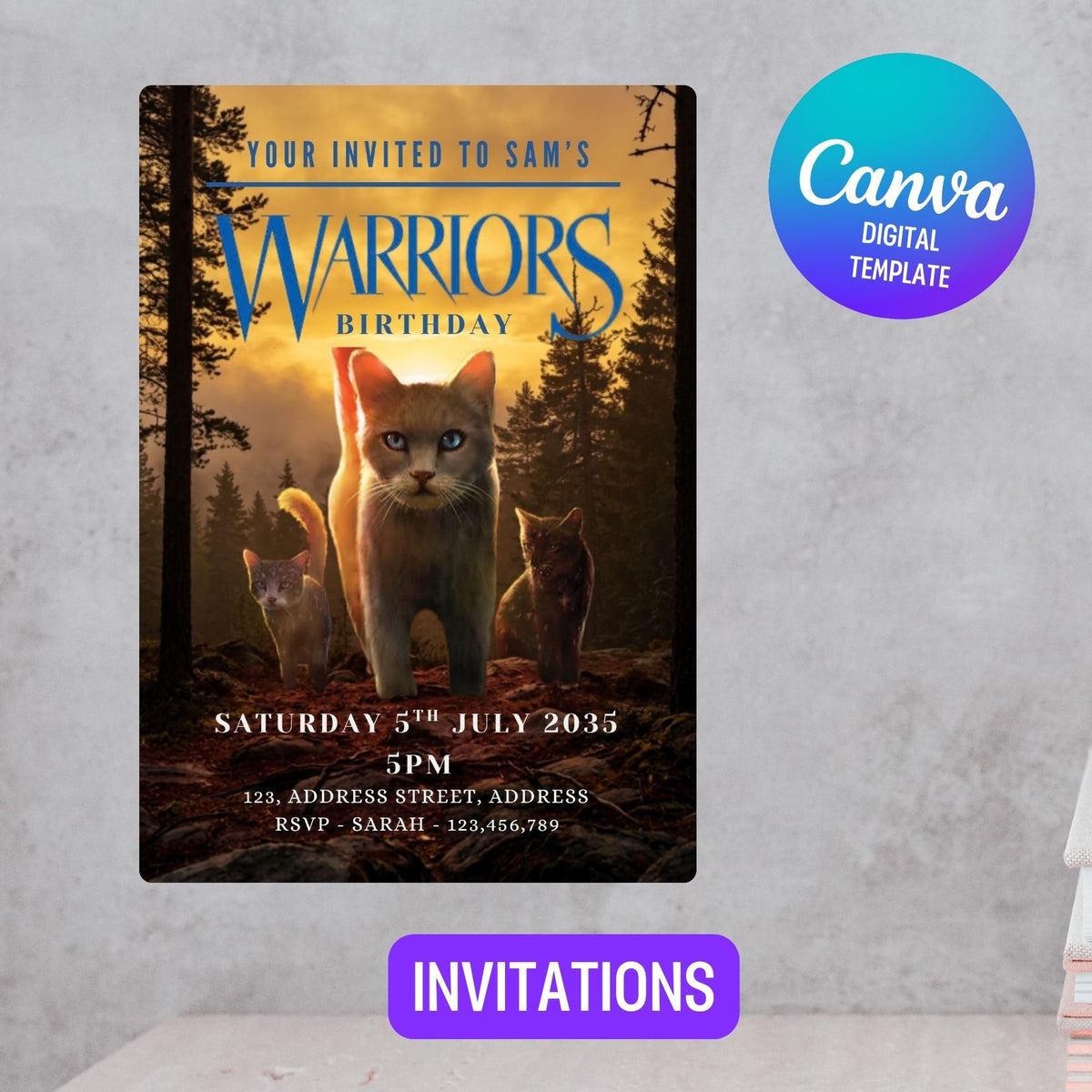 Editable Blue Warriors Cat Book Birthday Invitation, Cat Kids Party Template Canva (Digital Download)