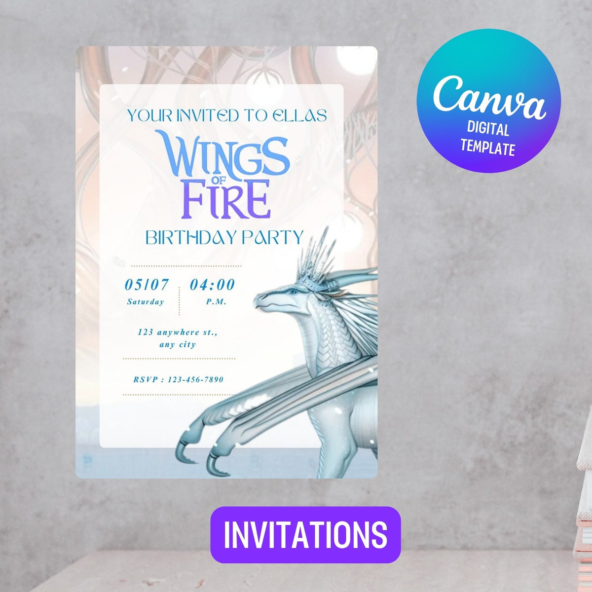 Editable Wings of fire Birthday Invitation, Icewing Dragon Kids Party Template Canva (Digital Download) (Copy) (Copy) (Copy) (Copy) (Copy)