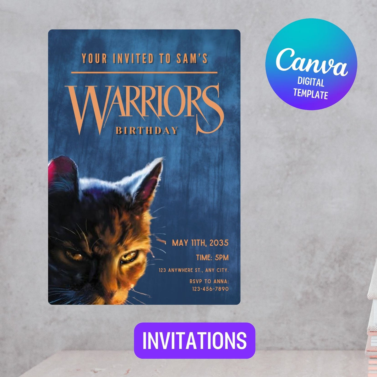 Editable Warriors Cat Book Birthday Invitation, Cat Kids Party Template Canva (Digital Download)