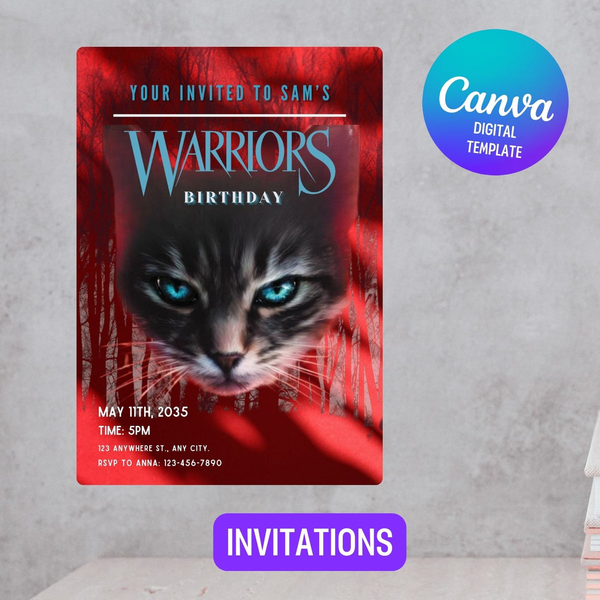 Editable Red Warriors Cat Book Birthday Invitation, Cat Kids Party Template Canva (Digital Download) (Copy) (Copy) (Copy)