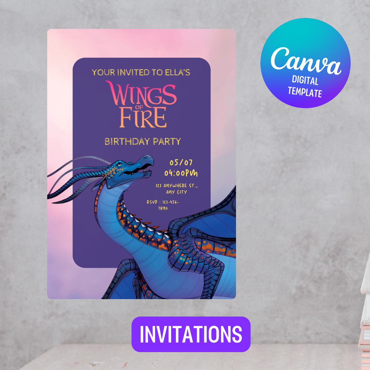 Editable Wings of fire Birthday Invitation, Blue and Pink Dragon Kids Party Template Canva (Digital Download) (Copy) (Copy)