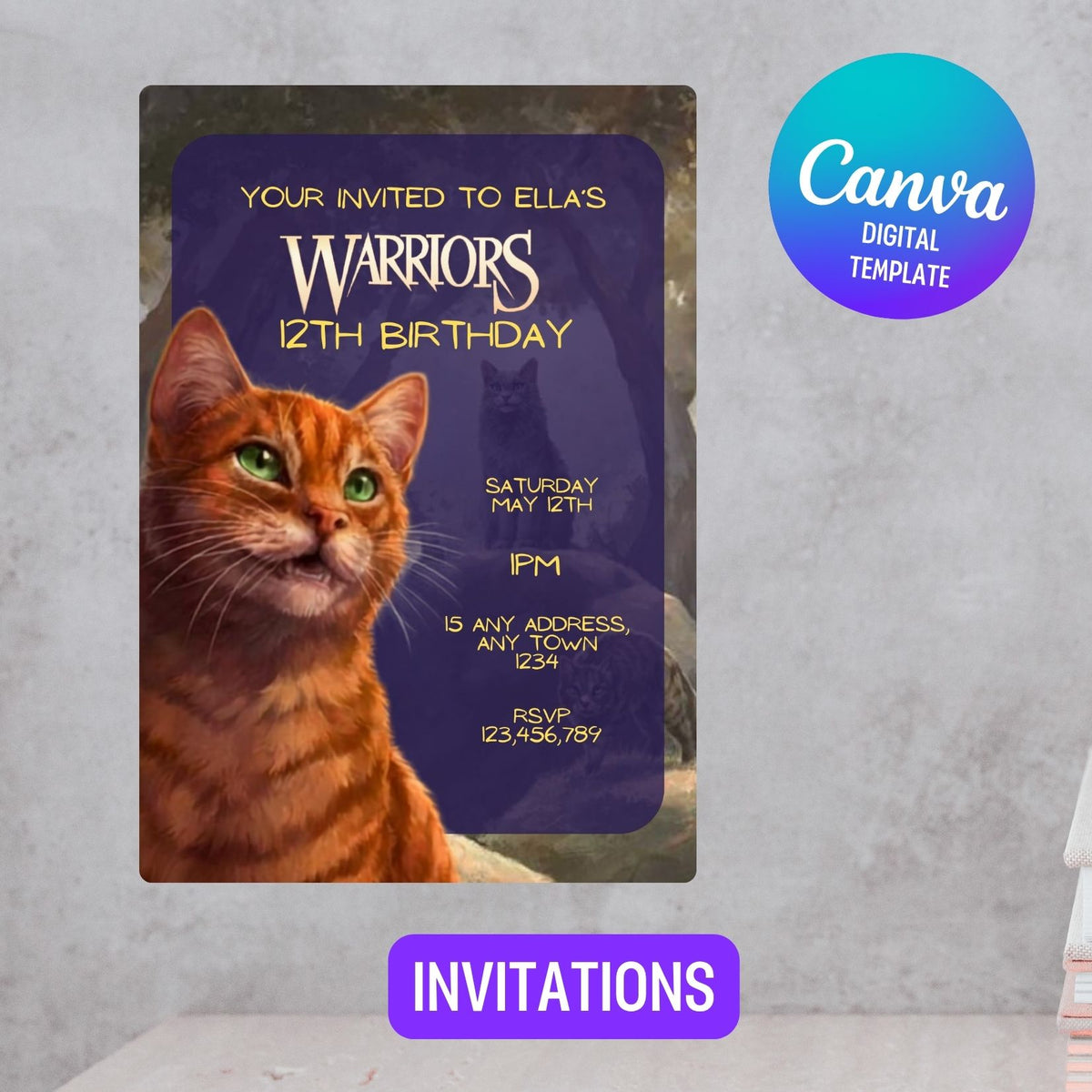 Editable Purple Warriors Cat Book Birthday Invitation, Cat Kids Party Template Canva (Digital Download) (Copy) (Copy)