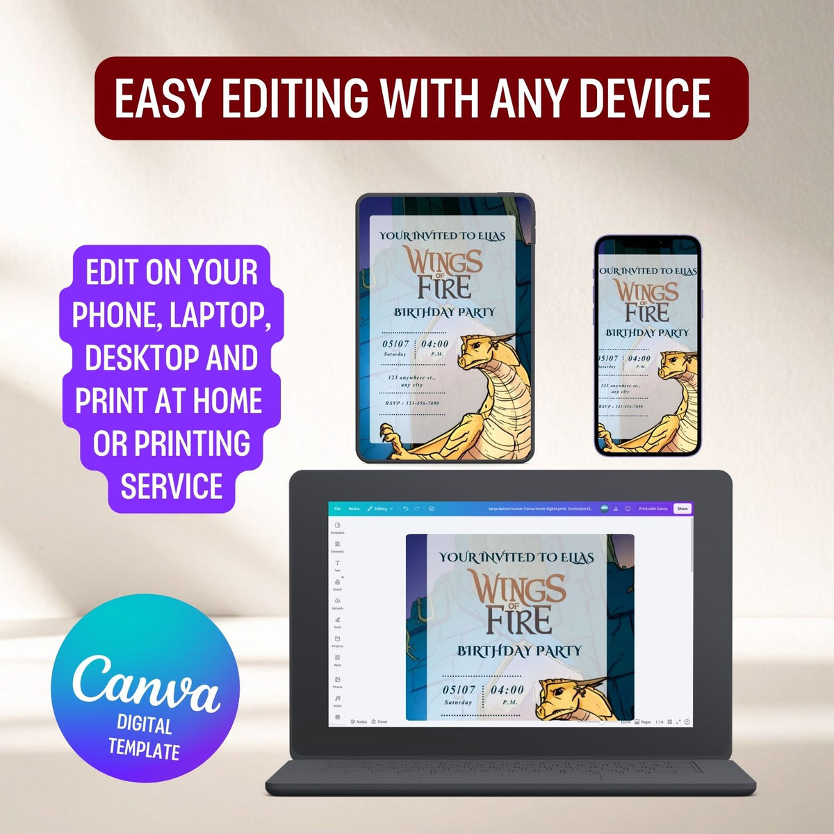 Editable Wings of fire Birthday Invitation, Teal and Yellow Dragon Kids Party Template Canva (Digital Download) (Copy) (Copy) (Copy) (Copy)