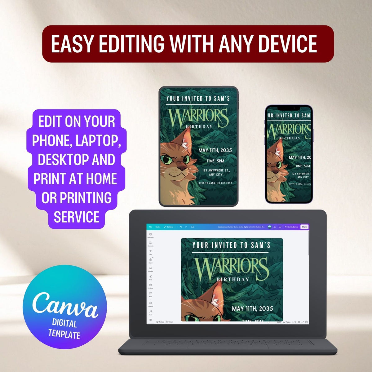 Editable Teal Warriors Cat Book Birthday Invitation, Cat Kids Party Template Canva (Digital Download) (Copy)