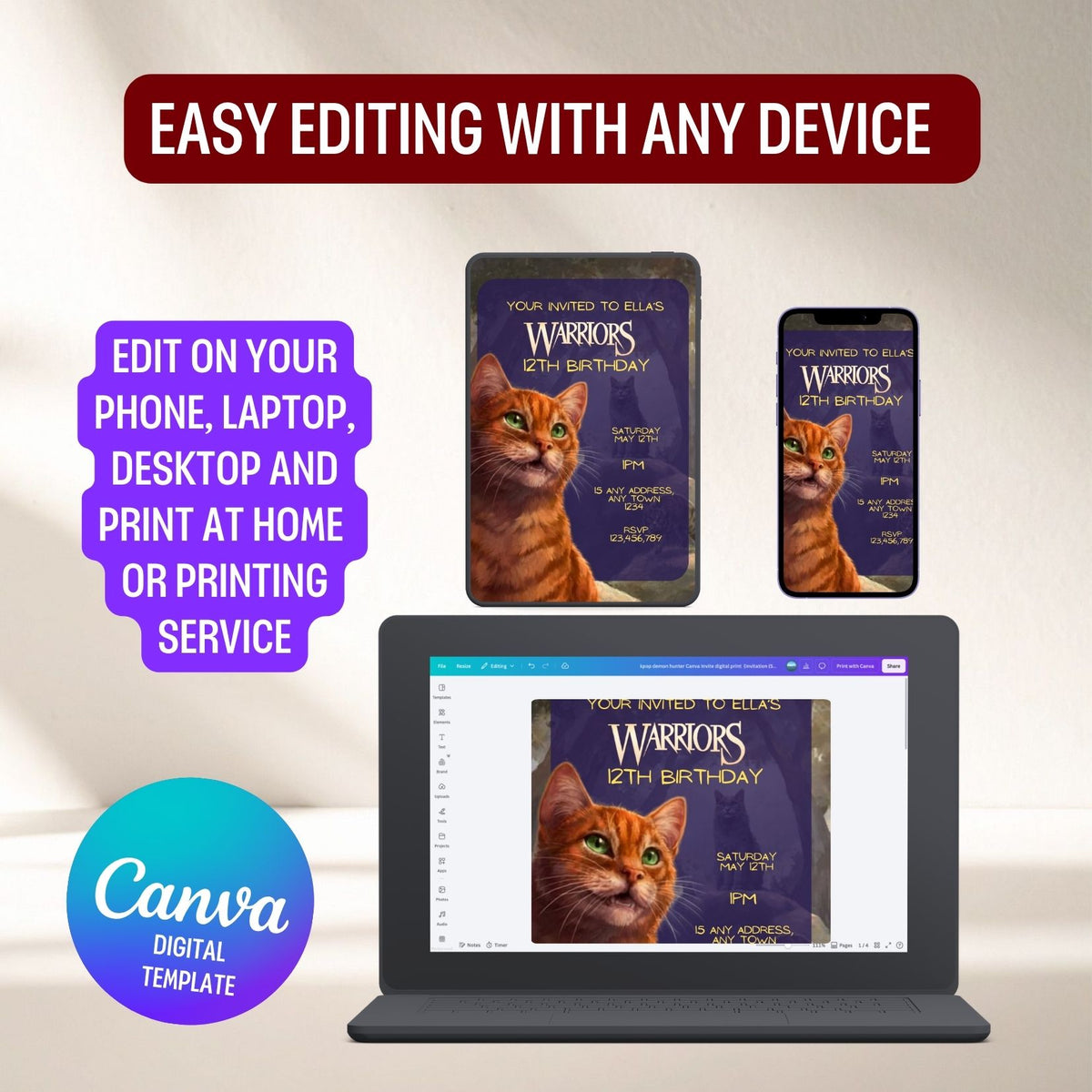 Editable Purple Warriors Cat Book Birthday Invitation, Cat Kids Party Template Canva (Digital Download) (Copy) (Copy)