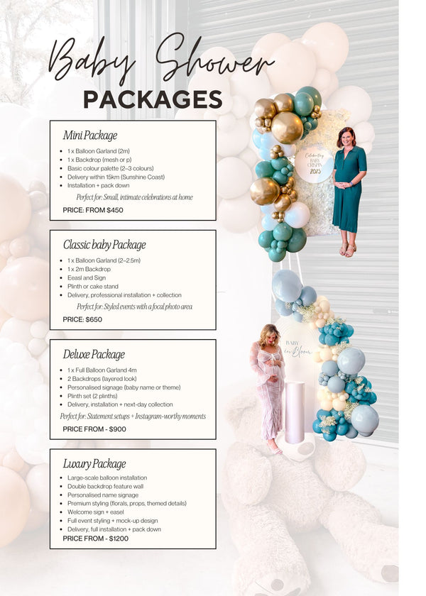Baby shower package options with balloon arch and woman holding baby bump.