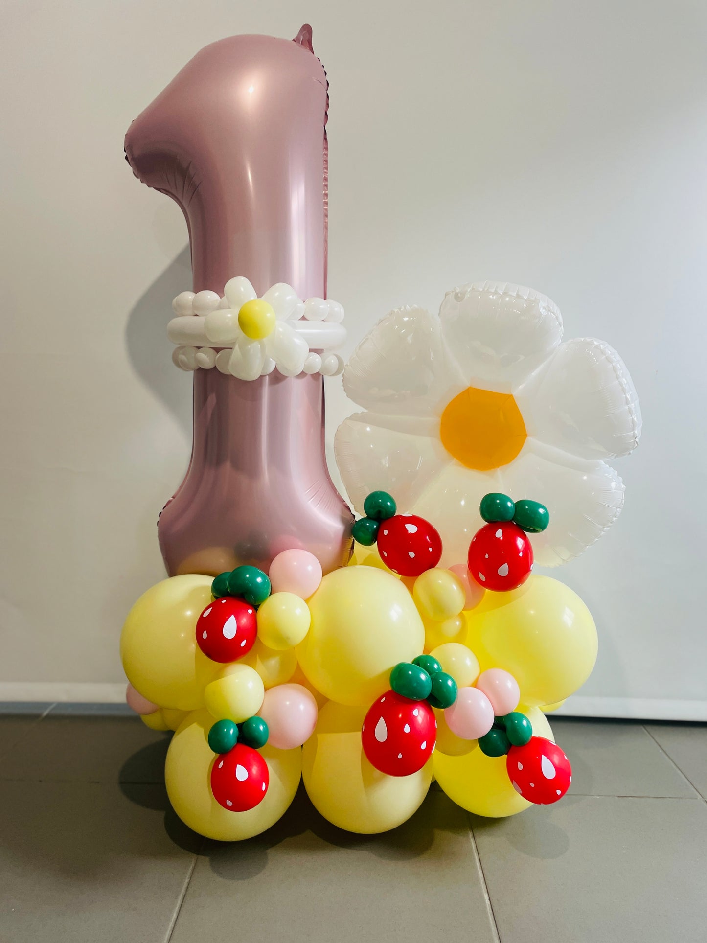 First Birthday 86cm Number Balloon Bouquets Pastels Strawberry flowers