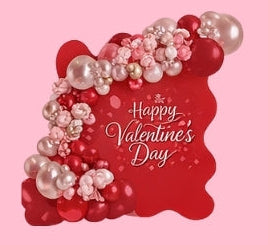 Valentine's Day balloon menu with prices on a pink background