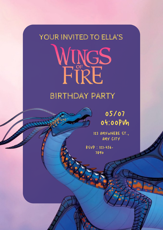 Editable Wings of fire Birthday Invitation, Blue and Pink Dragon Kids Party Template Canva (Digital Download) (Copy) (Copy)