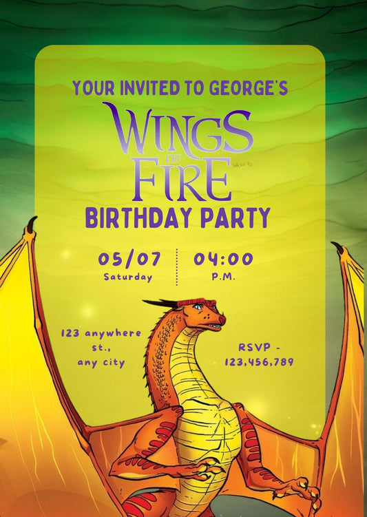 Editable Wings of fire Birthday Invitation, green Dragon Kids Party Template Canva (Digital Download) (Copy)